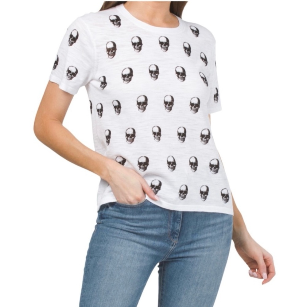 SKULL CASHMERE Susie Skull Print Short Sleeve Crew Neck Tee Tops, White, Medium
